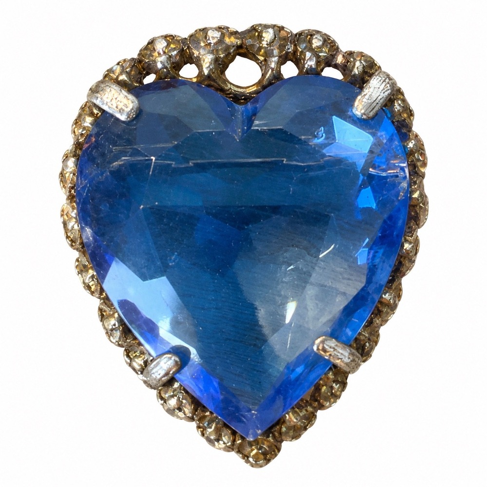 Dalsheim Brooch Vintage Gold Tone Blue Glass Heart Ornate Leaf Prong Set Pin